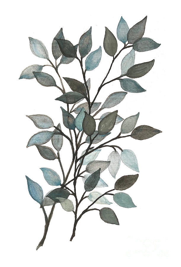 Decorative Leaves Branches Silver Blue Painting