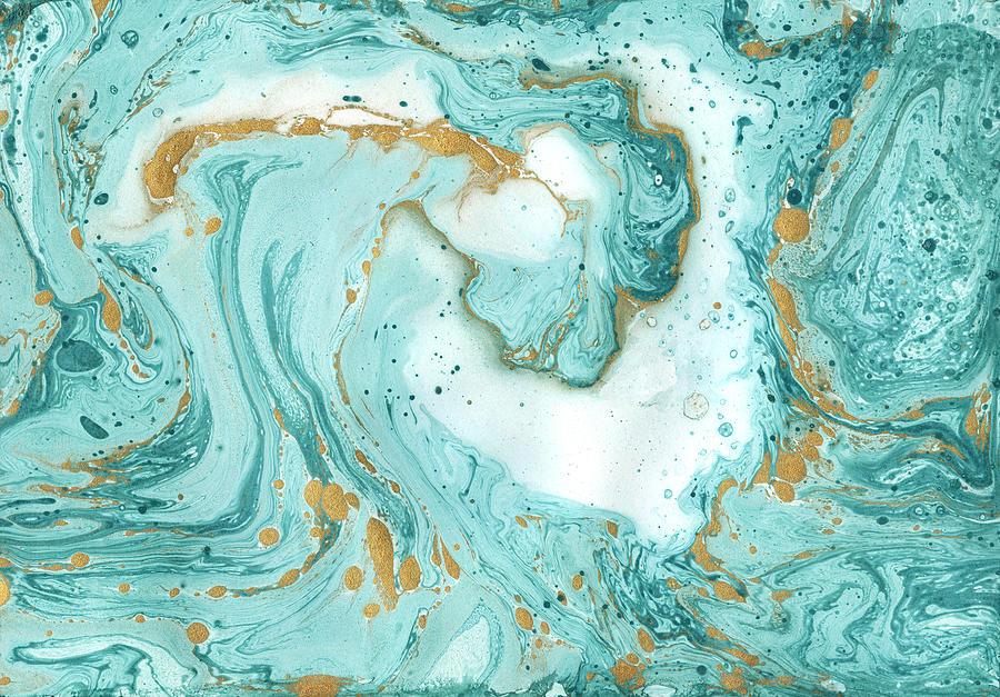 Decorative marble texture. Abstract painting. Turquoise and golden paints  on a white paper. Unusual design. Drawing by Julien - Fine Art America