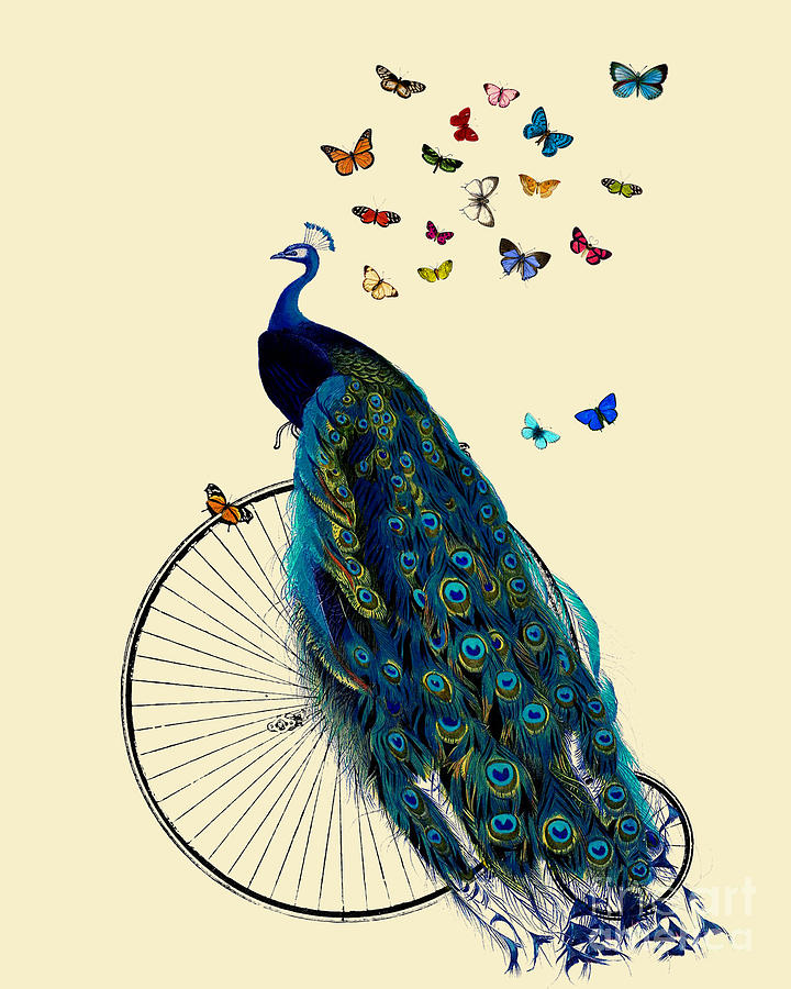 Peacock Digital Art - Decorative peacock on bicycle with butterflies by Madame Memento