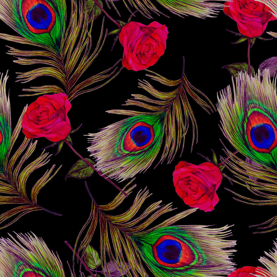 Decorative Seamless Pattern With Beautiful Watercolor Roses And Peacock Feathers. Romantic Floral Print. Drawing