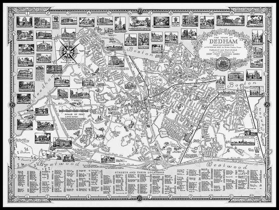 Boston Photograph - Dedham Massachusetts Antique Pictorial Map 1954 Black and White  by Carol Japp