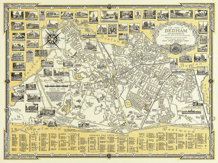 Boston Photograph - Dedham Massachusetts Antique Pictorial Map 1954  by Carol Japp