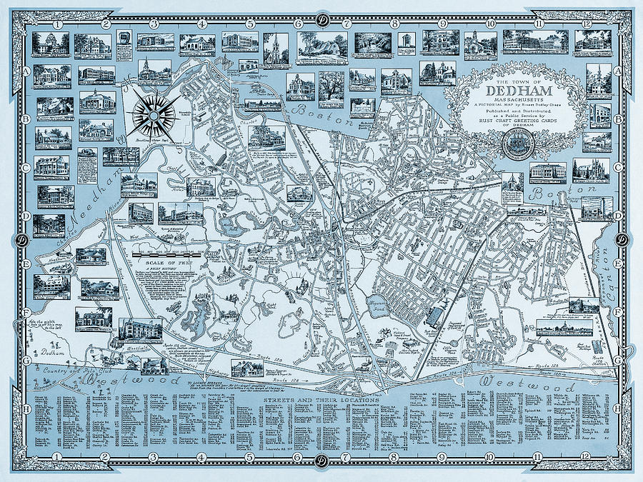 Boston Photograph - Dedham Massachusetts Antique Pictorial Map 1954 Cool Blue  by Carol Japp