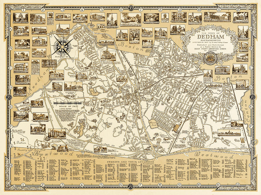 Boston Photograph - Dedham Massachusetts Antique Pictorial Map 1954 Sepia  by Carol Japp