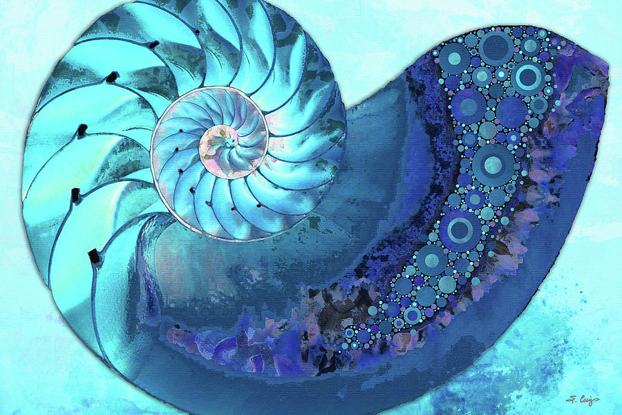 Deep Blue Nautilus Shell Beach Art Painting by Sharon Cummings