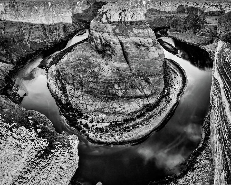 Black And White Photograph - Deep Canyon Reflections At Horseshoe Bend - Black and White by Gregory Ballos