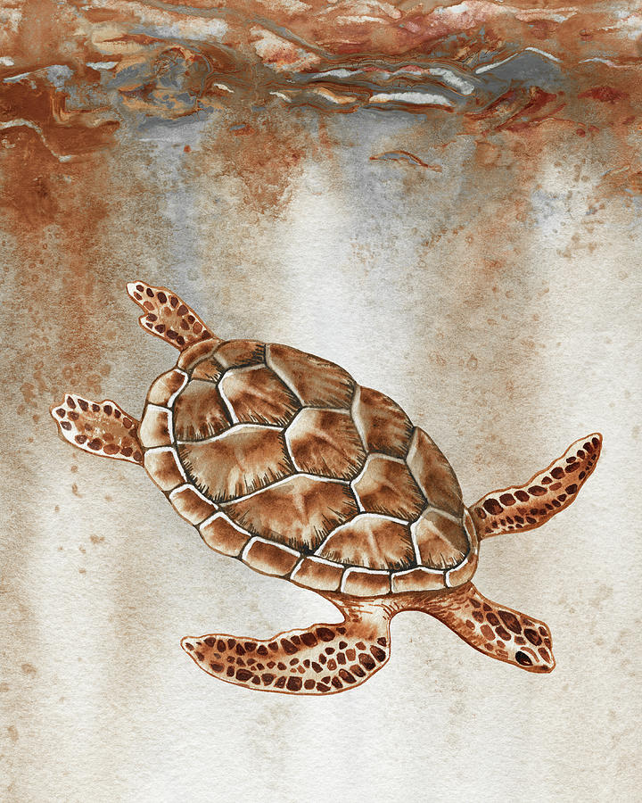 Deep Dive Down To The Ocean Baby Turtle Beige Watercolor  Painting by Irina Sztukowski