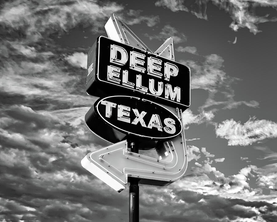 Deep Ellum Texas Neon And Clouds - Black and White Photograph by Gregory Ballos
