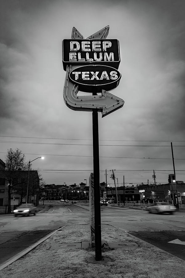 Deep Ellum Texas Neon Sign - Vintage Monochrome Dallas Photograph by Gregory Ballos