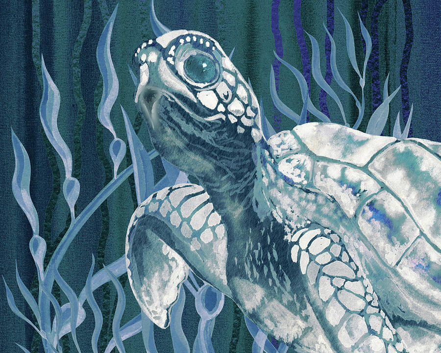 Deep Indigo Blue Ocean And Curious Turtle Watercolor  Painting by Irina Sztukowski