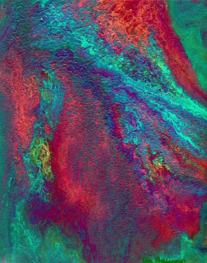 Deep Red with Bright Green Colorful Acrylic Abstract Painting, Poseidon Glow Painting by Ali Baucom