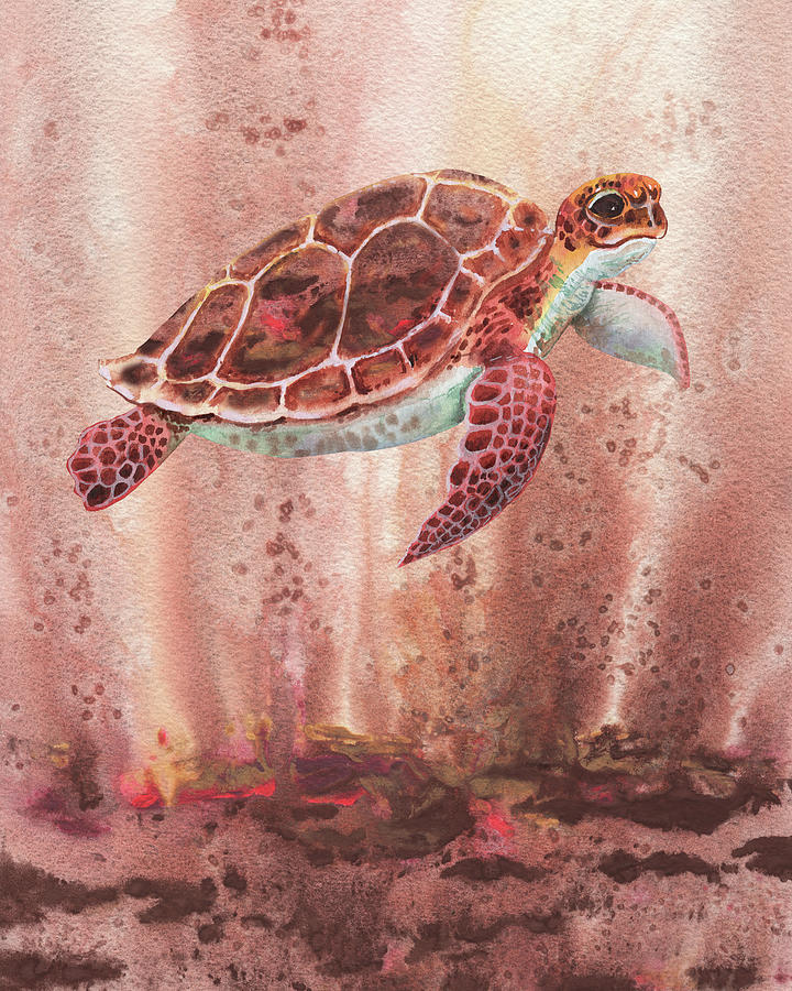 Deep Sea Brown Giant Turtle Watercolor Painting
