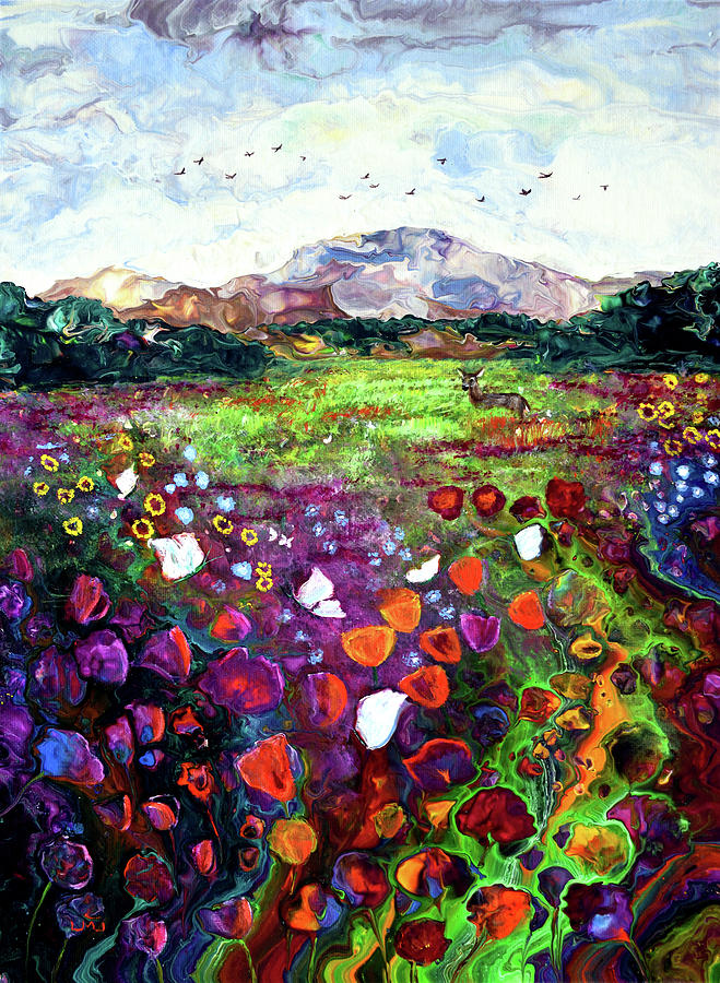 Deer and Butterflies in a Wildflower Meadow Painting by Laura Iverson