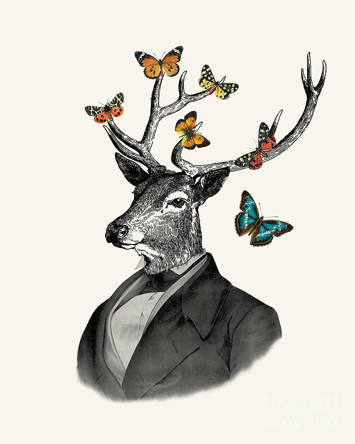 Deer Digital Art - Deer and butterflies portrait by Madame Memento