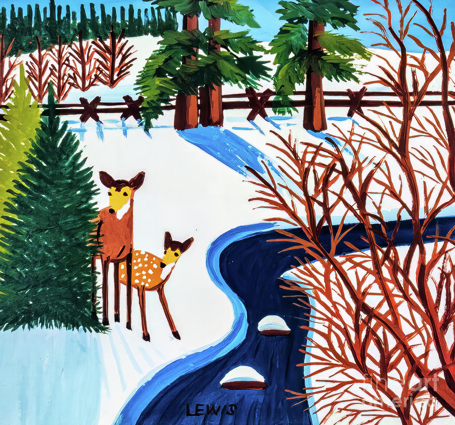Deer and Fawn by Stream by Maud Lewis early 1960s Painting by Maud Lewis