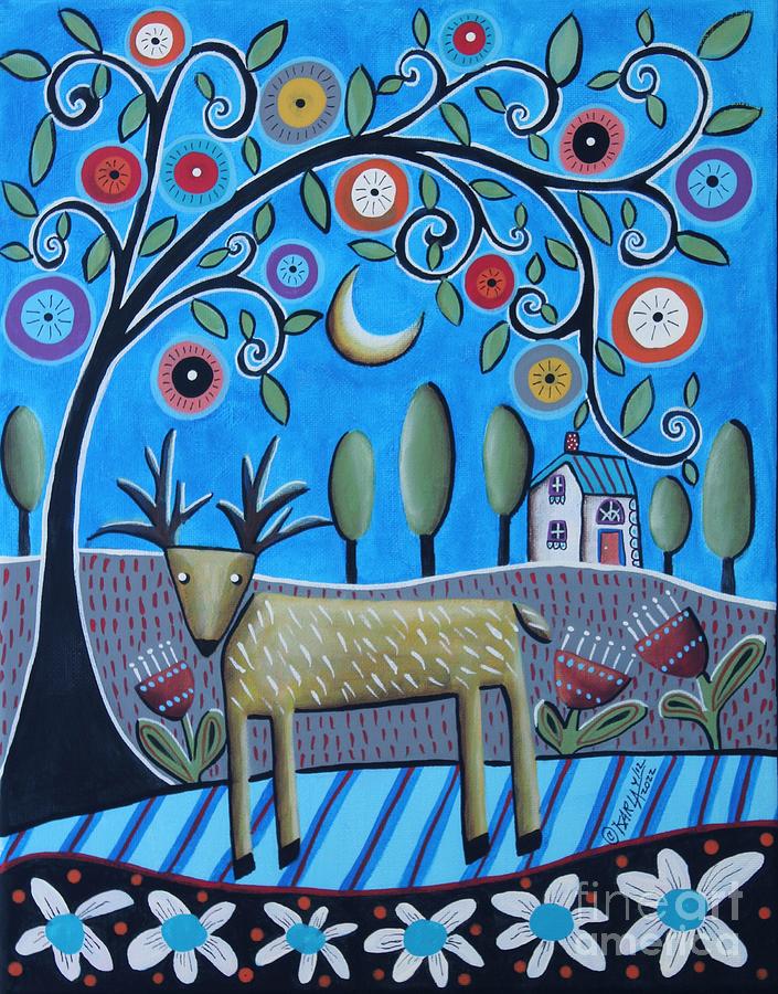 Deer Painting - Deer and Swirl Tree by Karla Gerard