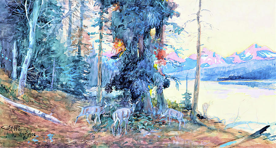 Charles Marion Russell Painting - Deer at Lake McDonald - Digital Remastered Edition by Charles Marion Russell