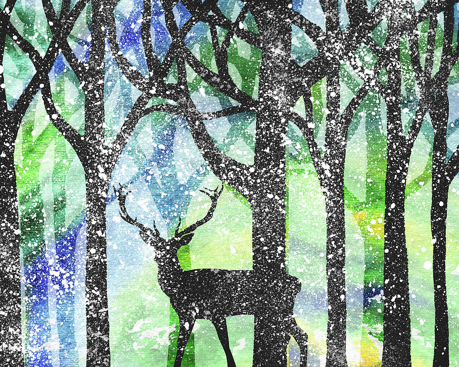Deer Buck In Winter Forest Watercolor Silhouette  Painting by Irina Sztukowski