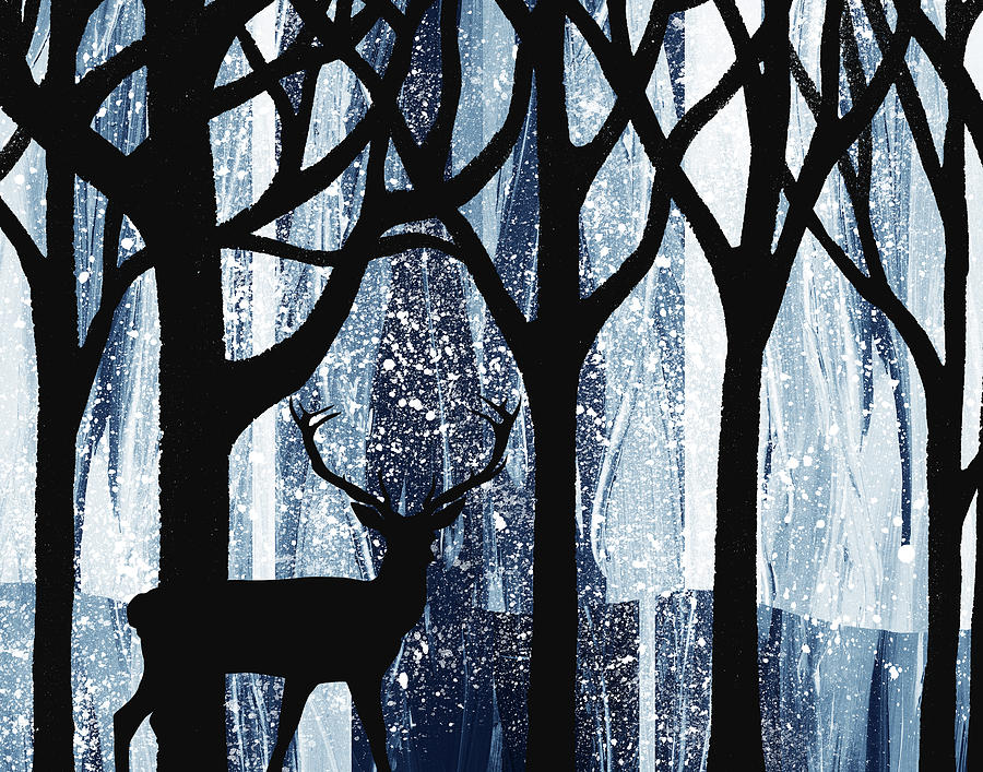 Deer Buck Silhouette In the Winter Forest Watercolor  Painting by Irina Sztukowski