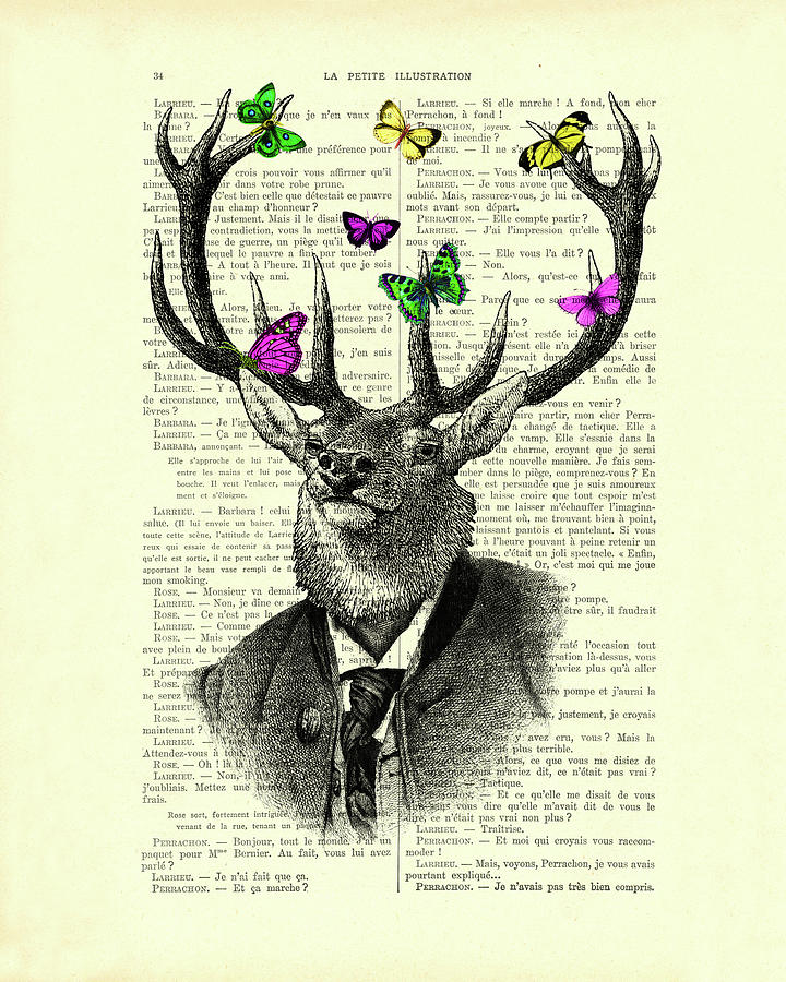 Deer Mixed Media - Deer Butterflies Portrait by Madame Memento