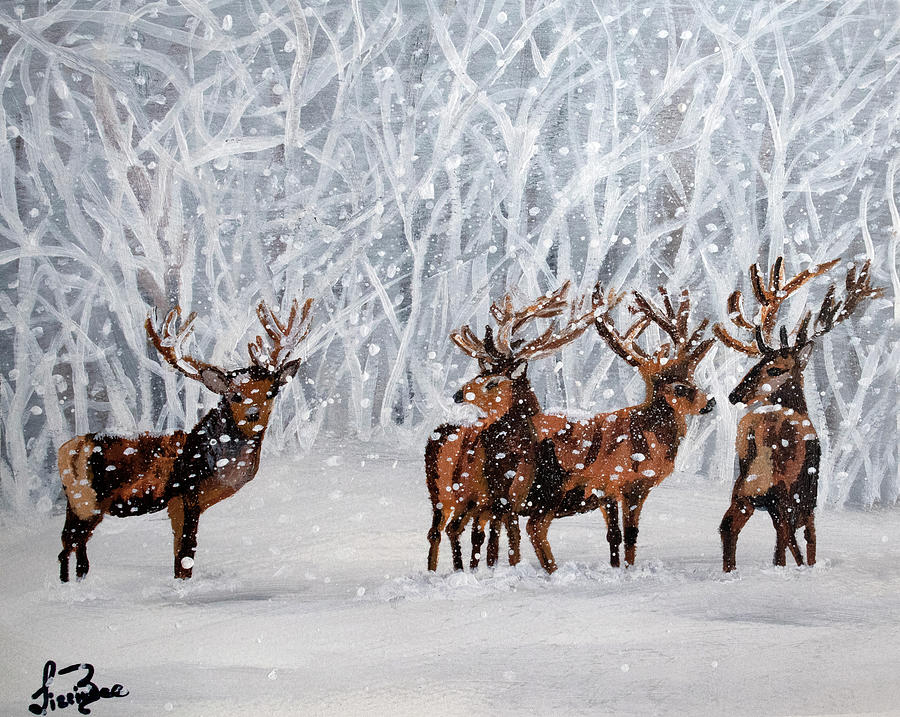 Deer Painting - Deer Enjoying Winter by Lizzie Angell-Beaudoin