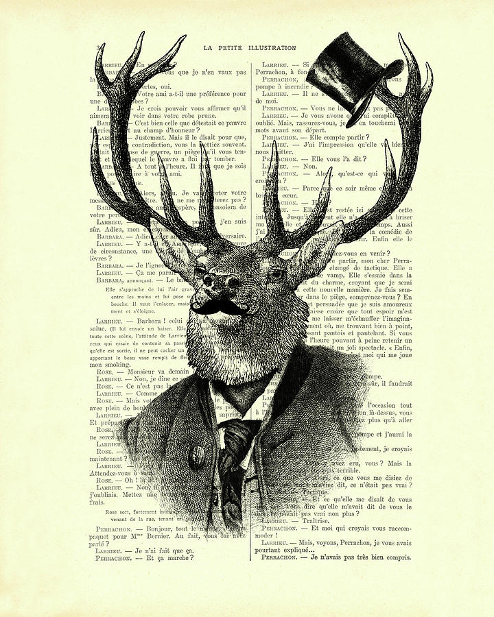 Deer Digital Art - Deer gentleman with suit and top hat in black and white by Madame Memento