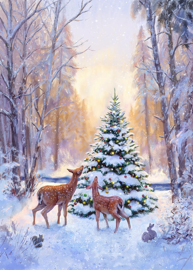 Deer in a snowy forest Digital Art by Daniel Rodgers - Fine Art America