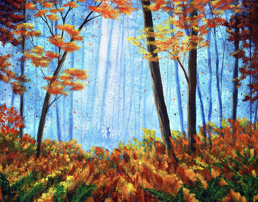 Deer in Autumn Morning Painting by Laura Iverson