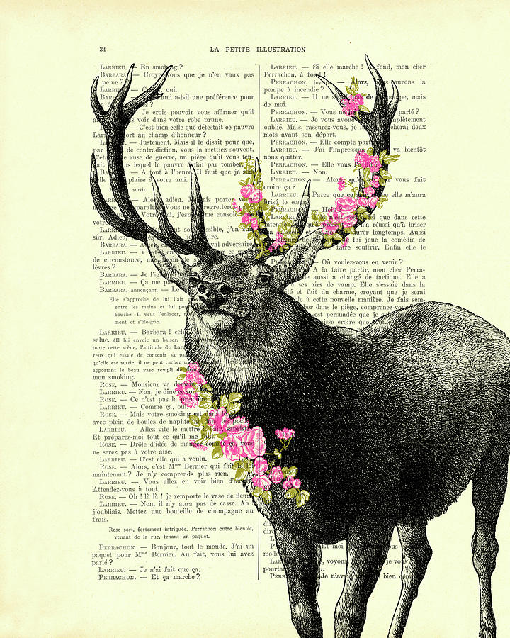 Deer Digital Art - Deer in black and white with pink blossoms by Madame Memento