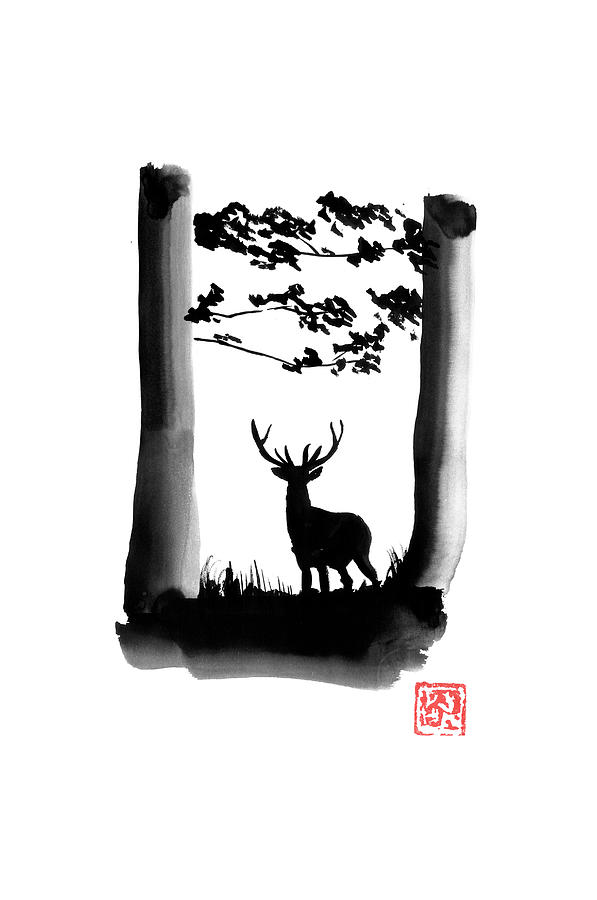 Deer Drawing - Deer In Forest by Pechane Sumie