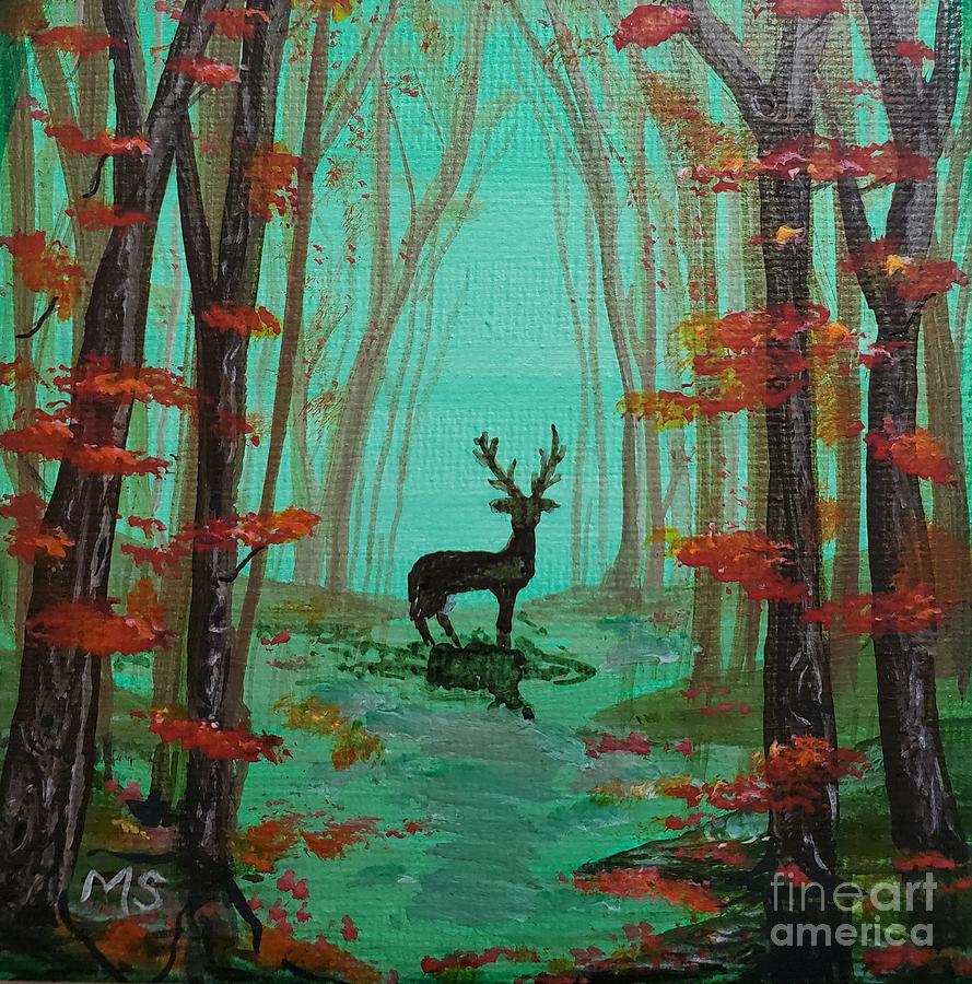 Deer In Green Mist Painting by Monika Shepherdson