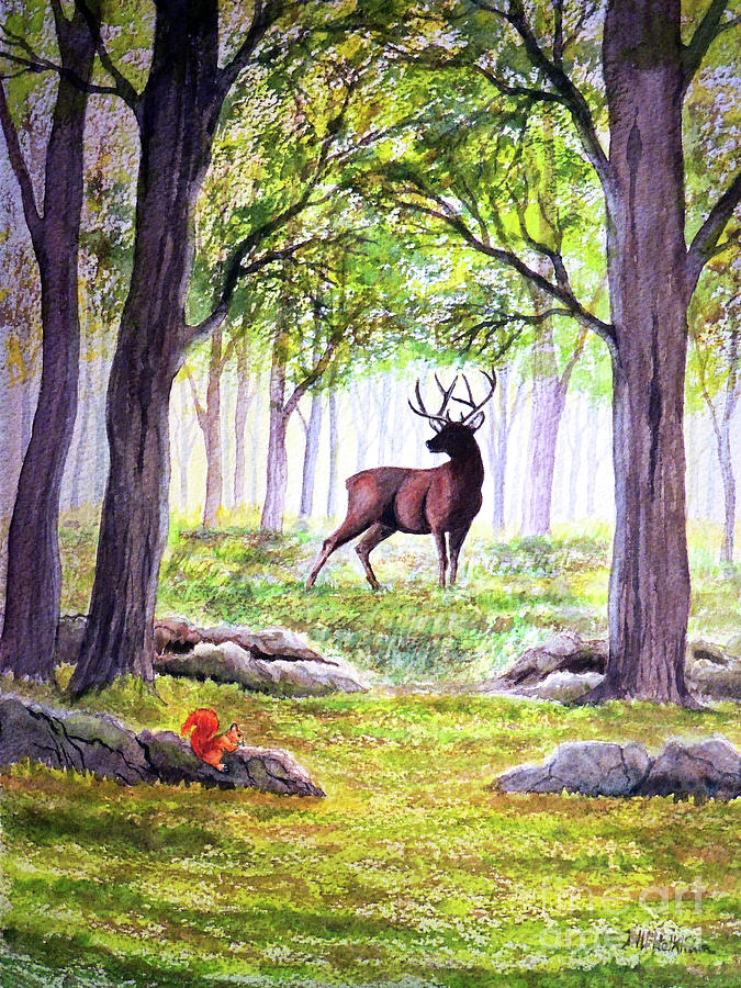 Bucks Painting - Deer In Misty Woods by Bill Holkham