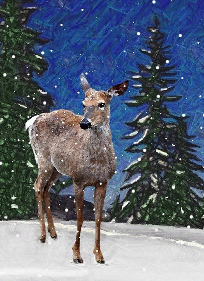 Deer in Snow Mixed Media by Judy Link Cuddehe
