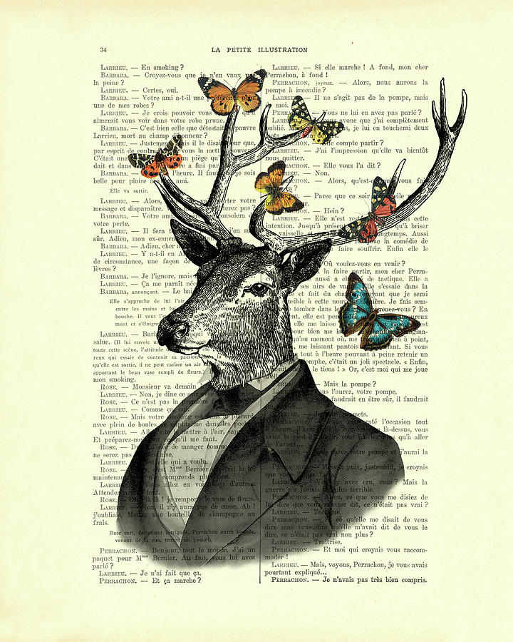 Deer Mixed Media - Deer in suit with butterflies by Madame Memento