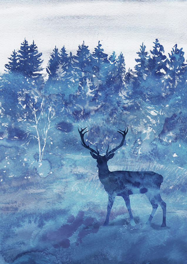 Deer In The Blue Meadow Watercolor Silhouette  Painting by Irina Sztukowski