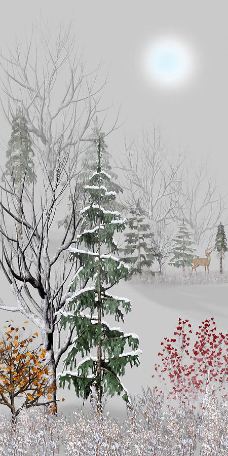 Deer in the Distance Winter Morning Mixed Media by David Dehner
