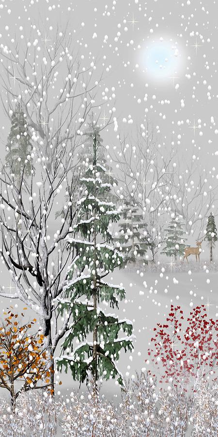 Deer in the Distance Winter Morning Snowfall Mixed Media by David Dehner
