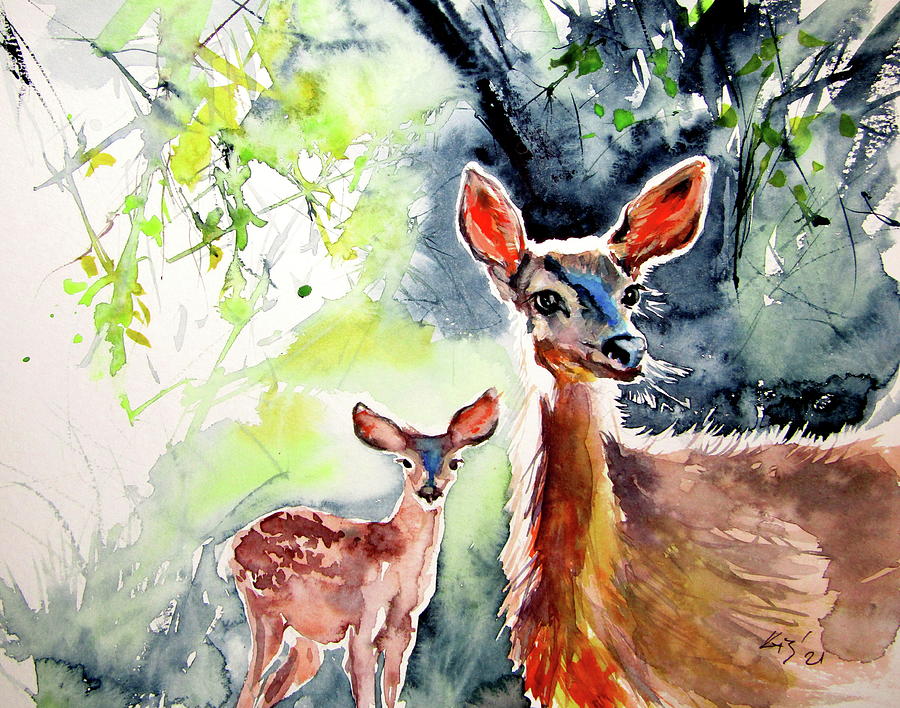 Deer in the sun II Painting by Kovacs Anna Brigitta