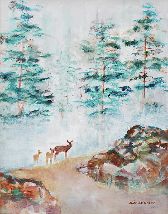 Deer in the Trees Painting by John Svenson