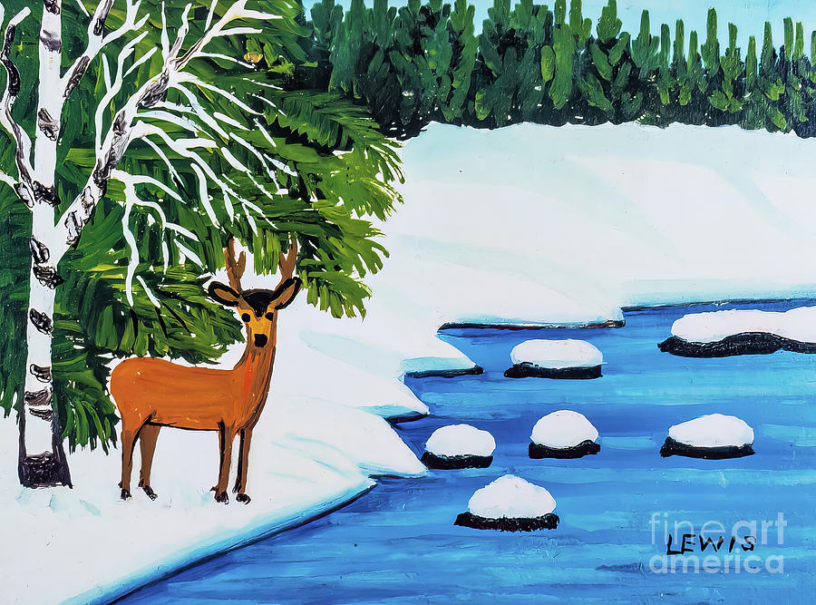 Deer in Winter Stream by Maud Lewis 1960s Painting by Maud Lewis