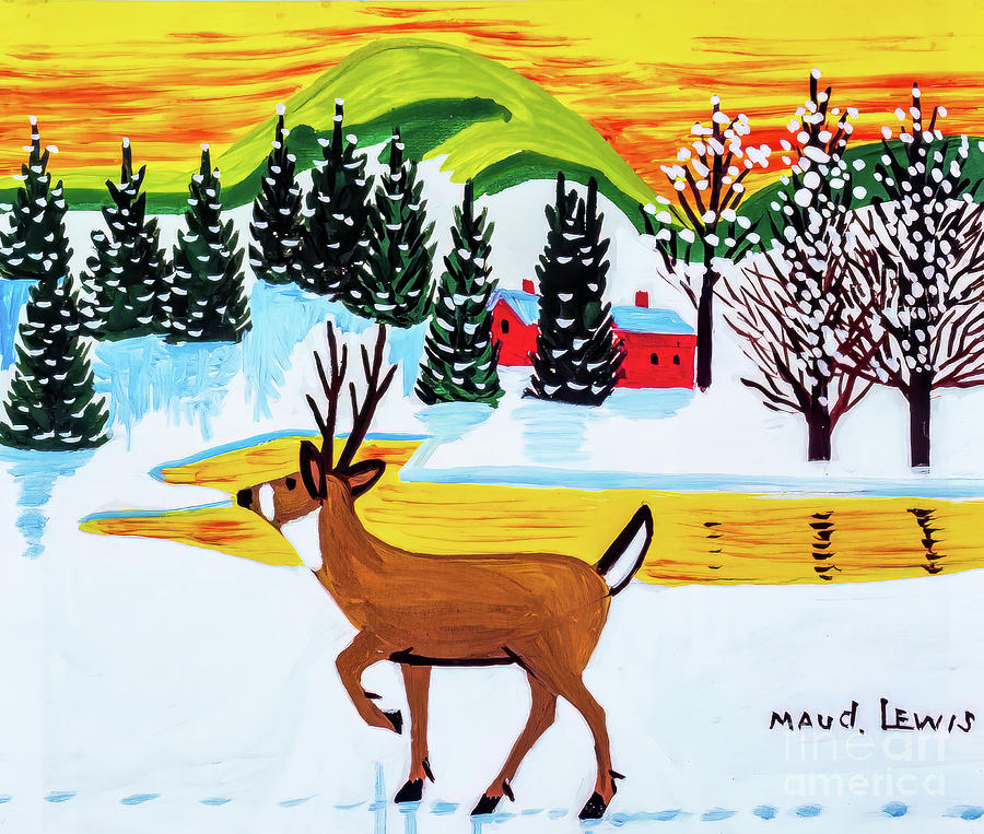 Deer in Winter with Yellow Pond by Maud Lewis Painting by Maud Lewis
