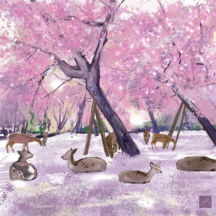 Deer on a Pink Spring Morning Mixed Media by Eileen Backman