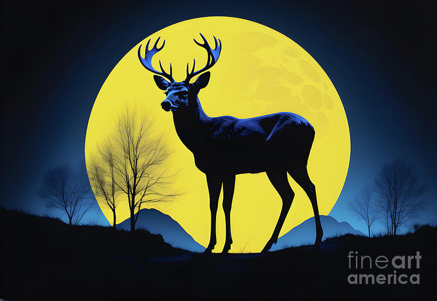 Deer Digital Art - Deer silhouette under full moon by Sen Tinel