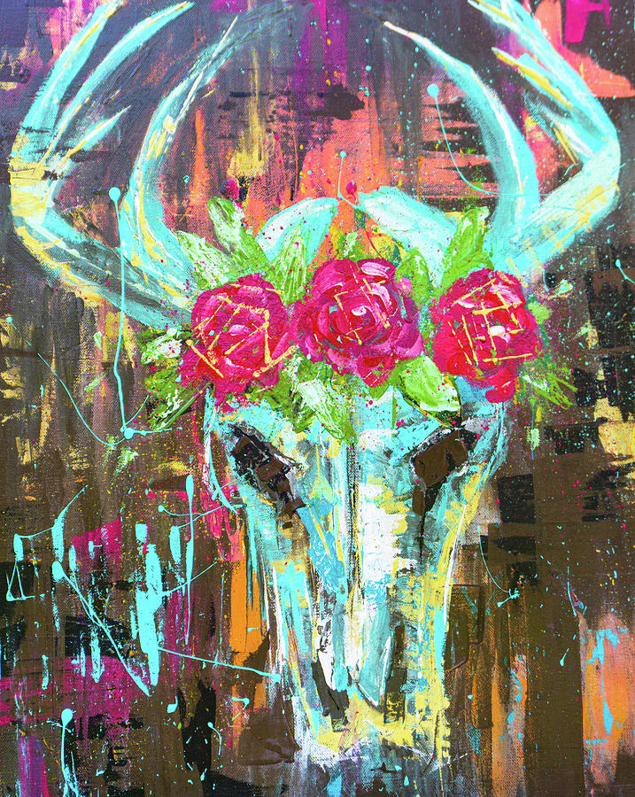 Deer Skull With Rose Wreath Boho Painting by Joanne Herrmann