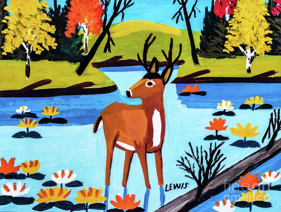 Deer Standing in Stream by Maud Lewis early 1950s Painting by Maud Lewis