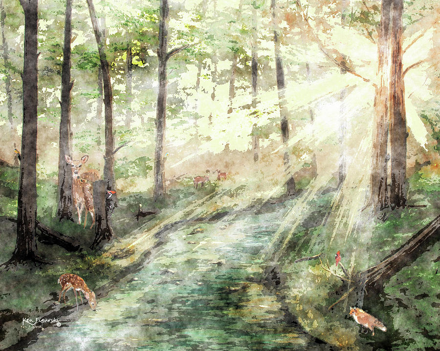 Deer Sunrise Watercolor Digital Art by Ken Figurski