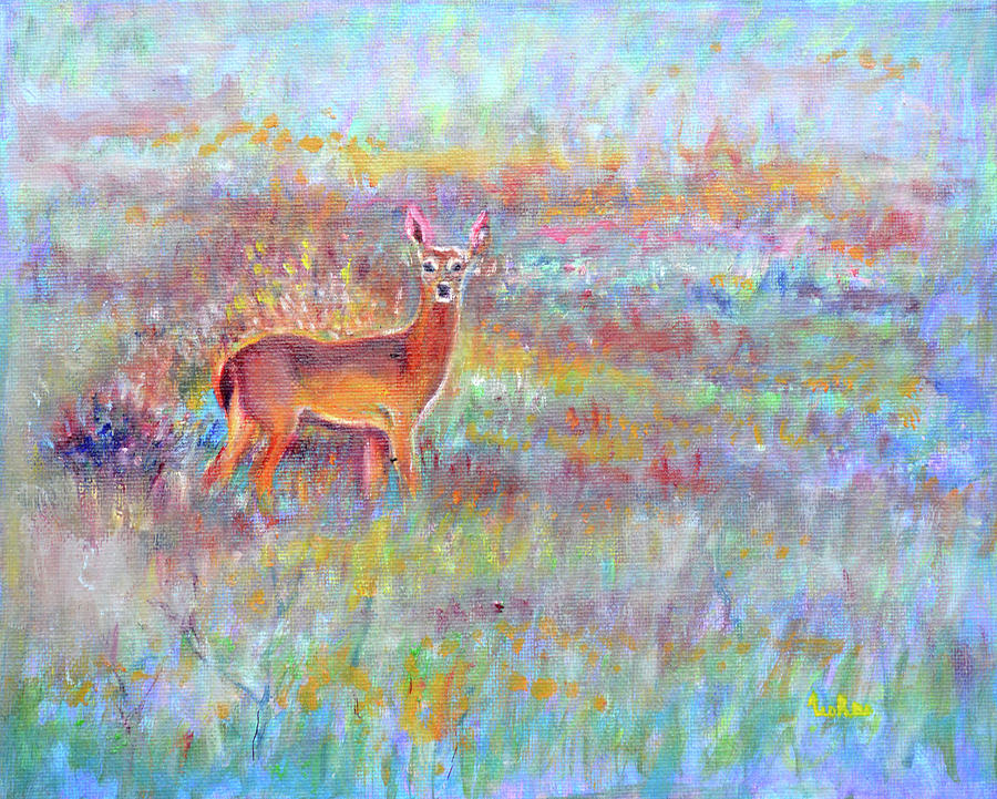 Deer visit in Backyard Painting by Usha Shantharam