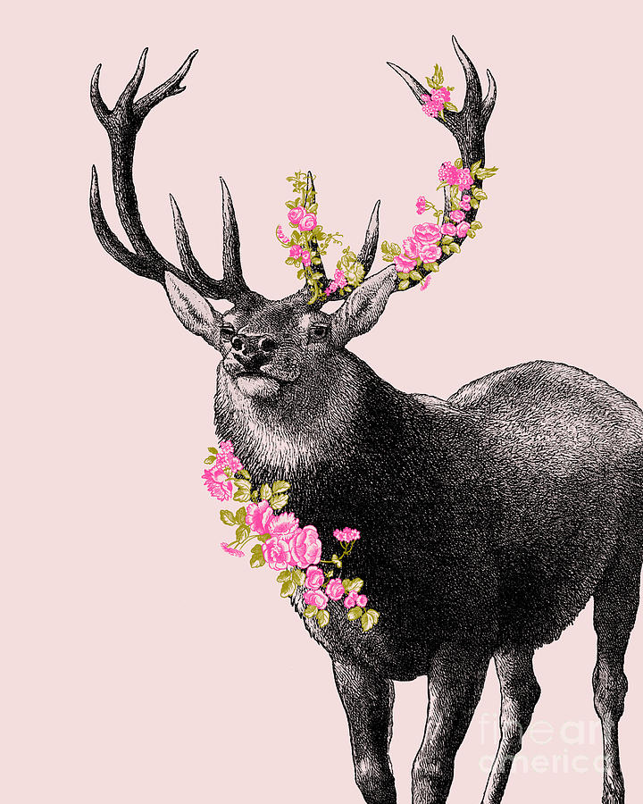 Deer Digital Art - Deer with pink flowers by Madame Memento