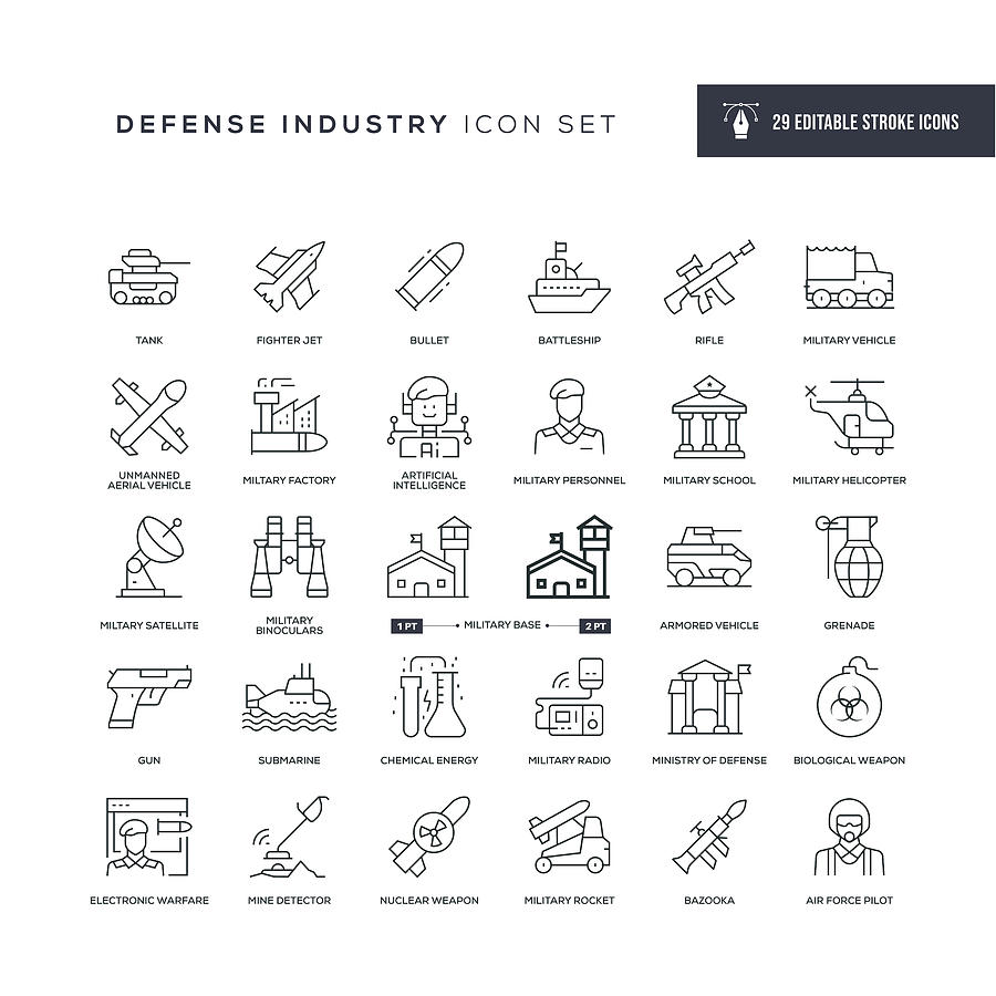 Defence Industry Editable Stroke Line Icons Drawing by Enis Aksoy