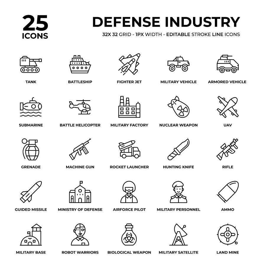 Defense Industry Line Icon Set Drawing by StudioU